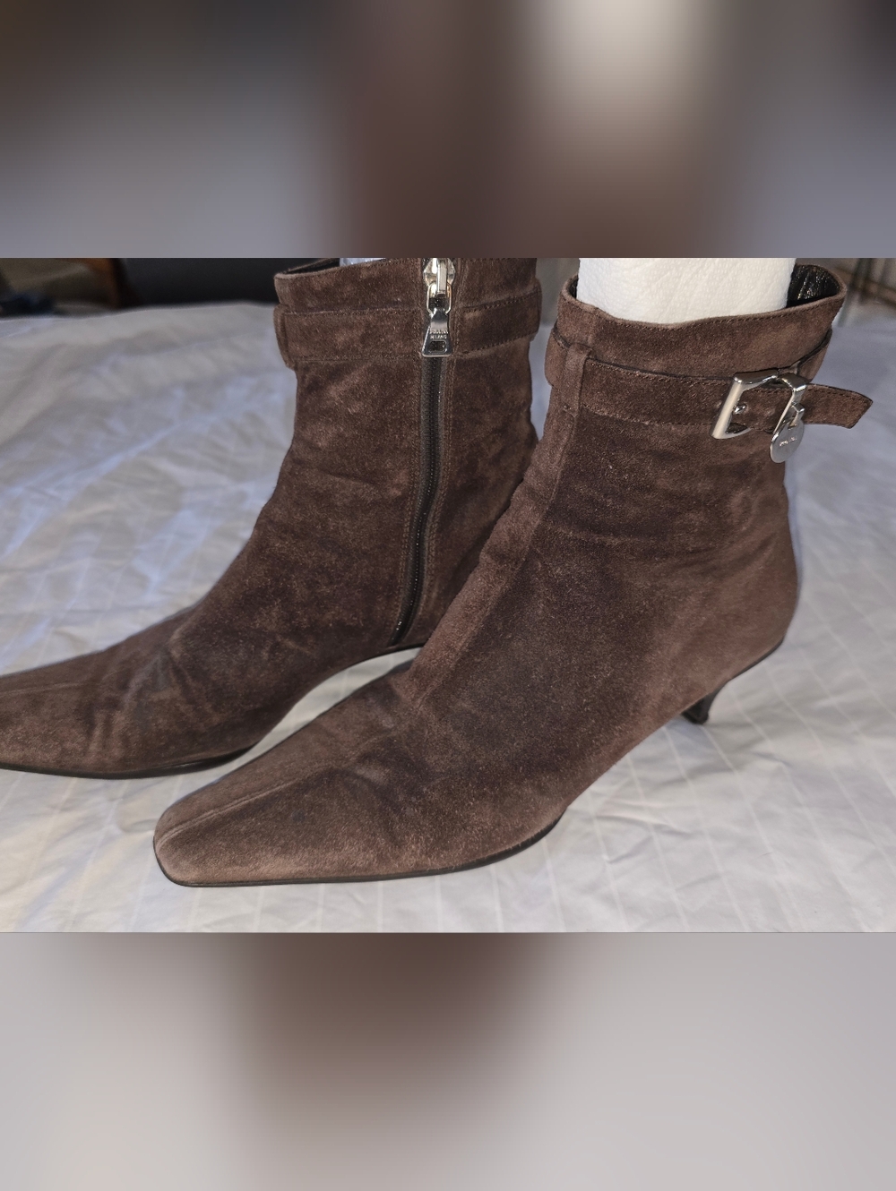 Women's Brown Suede Ankle Boots with Side Zip and Buckle